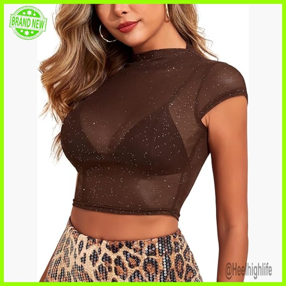 Sheer Mesh Crop Top with Silver Glitter Cap Sleeves Women's Party Blouse